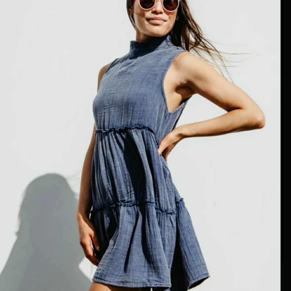 Simply Southern Ctn Gauze Trapeze Tiered Ruffle Collar Tie Back Neck Distressed
